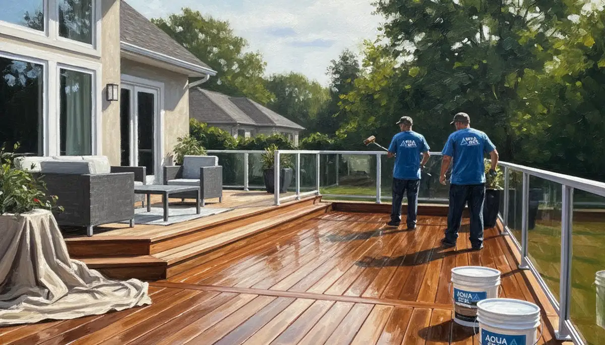 Modesto Paint Pros sealing a wood deck in Modesto, CA to protect against UV, heat, and moisture damage