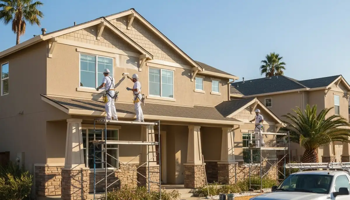 Painter applying exterior house paint in Modesto, CA for a professional residential painting service